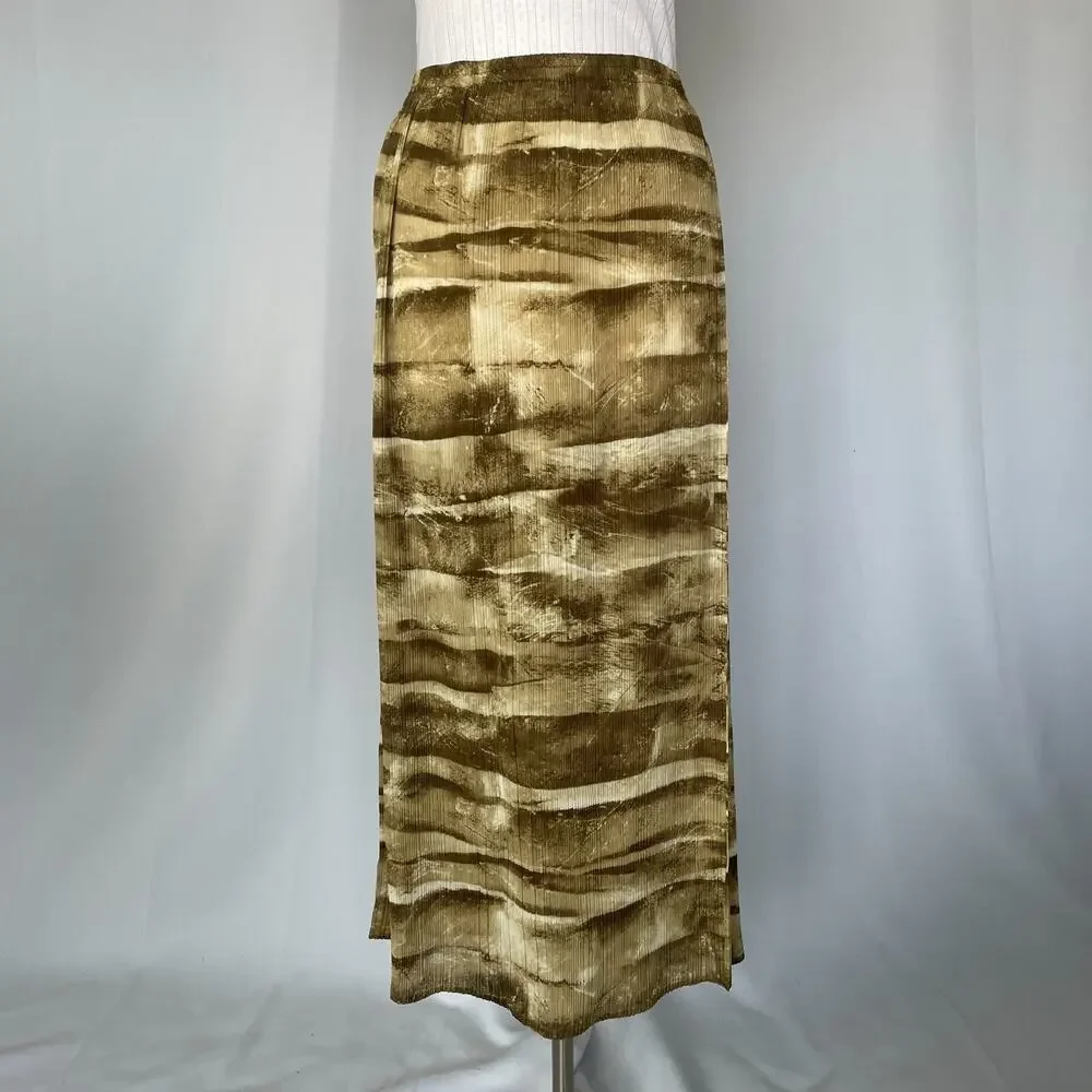 Boho Midi Skirt Size Small Green Brown Abstract Crinkle Pleated Fairy Whimsigoth